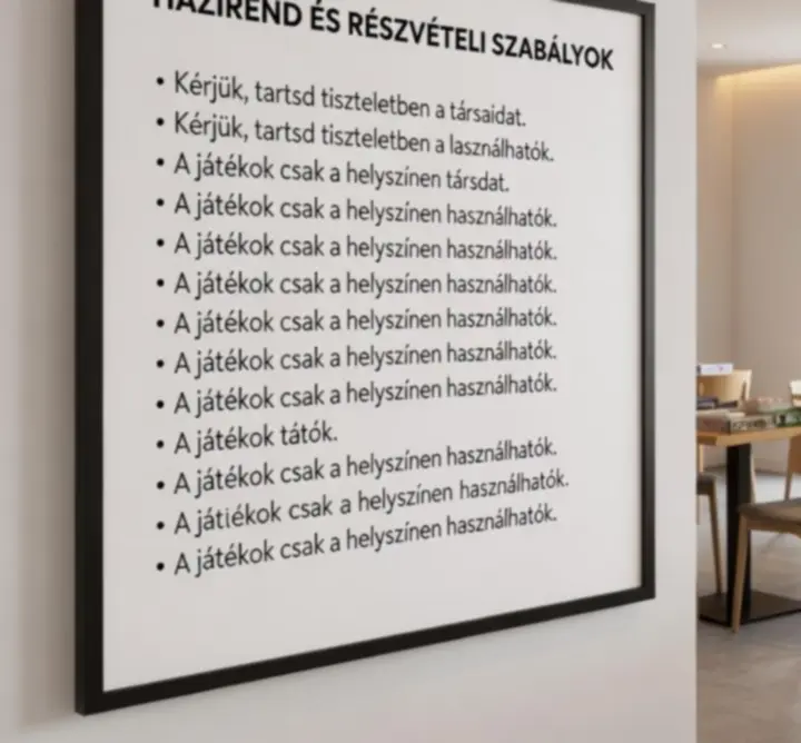 Modern, beltéri szórakoztató tér házirenddel és részvételi szabályokkal